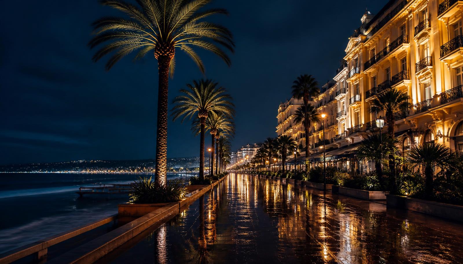 La Croisette de Cannes illuminée en pleine nuit